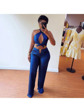 Metal Buckle Tie-wrap Halter Backless Pant Sets