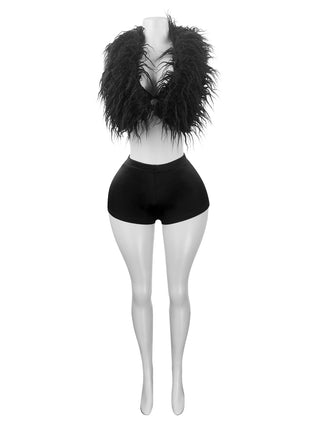 Women sexy nightclub Halter Neck Lace-Up Feather Top and Shorts two-piece set