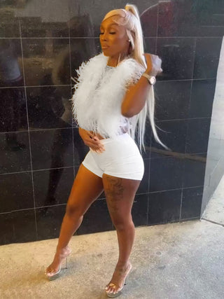 Women sexy nightclub Halter Neck Lace-Up Feather Top and Shorts two-piece set