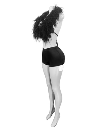 Women sexy nightclub Halter Neck Lace-Up Feather Top and Shorts two-piece set