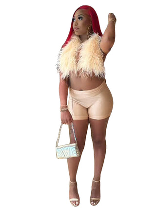 Women sexy nightclub Halter Neck Lace-Up Feather Top and Shorts two-piece set
