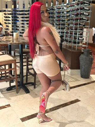 Women sexy nightclub Halter Neck Lace-Up Feather Top and Shorts two-piece set