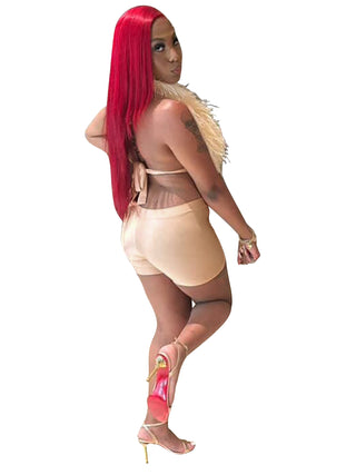 Women sexy nightclub Halter Neck Lace-Up Feather Top and Shorts two-piece set