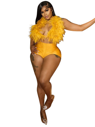 Women sexy nightclub Halter Neck Lace-Up Feather Top and Shorts two-piece set