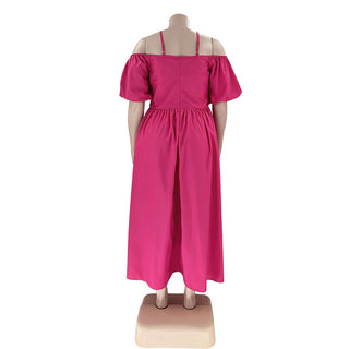 Solid Color Sexy Strapless Halter Neck Plus Size Women's Fashion Loose Short Sleeve Dress