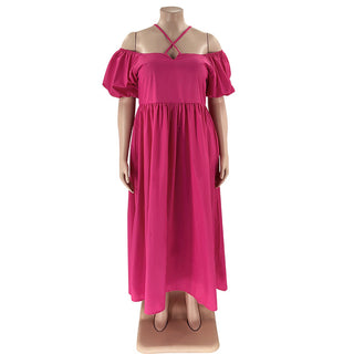 Solid Color Sexy Strapless Halter Neck Plus Size Women's Fashion Loose Short Sleeve Dress