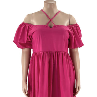 Solid Color Sexy Strapless Halter Neck Plus Size Women's Fashion Loose Short Sleeve Dress