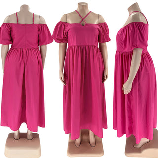 Solid Color Sexy Strapless Halter Neck Plus Size Women's Fashion Loose Short Sleeve Dress