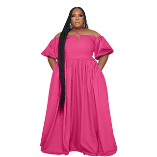 Solid Color Sexy Strapless Halter Neck Plus Size Women's Fashion Loose Short Sleeve Dress