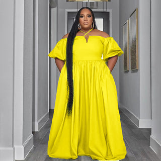 Solid Color Sexy Strapless Halter Neck Plus Size Women's Fashion Loose Short Sleeve Dress