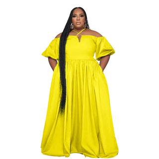 Solid Color Sexy Strapless Halter Neck Plus Size Women's Fashion Loose Short Sleeve Dress