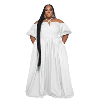 Solid Color Sexy Strapless Halter Neck Plus Size Women's Fashion Loose Short Sleeve Dress