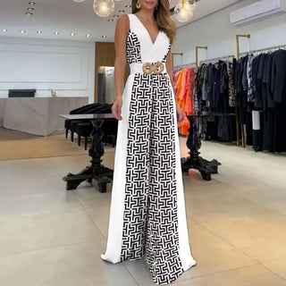 Fashionable Color Block Slim Fit Jumpsuit Long Pants without Belt Elegant Style Polyester Fabric No Sleeve