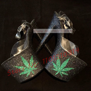 Maple Leaf Platform Glitter Sandals Women Luxury Sparkly Mixed Color High Heels Shoes Summer Party Pvc Strap Evening Sandals