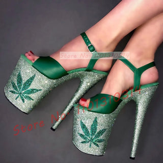 Maple Leaf Platform Glitter Sandals Women Luxury Sparkly Mixed Color High Heels Shoes Summer Party Pvc Strap Evening Sandals