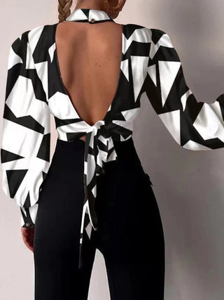 New In Standing Collar Long Sleeve Lantern Tops Sleeve Backless Hollow Blouse Women Female Clothing Elegant Shirts and Blouses