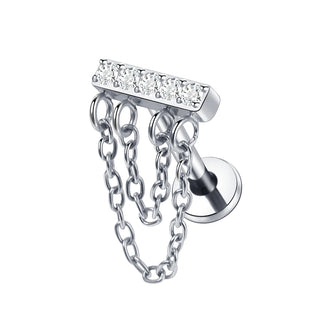 ASTM F136 Titanium Drop Pendant CZ Stud Earring with Dangle Chain Helix Cartilage Earrings Tragus Lip Flat Back Piercing 16G
