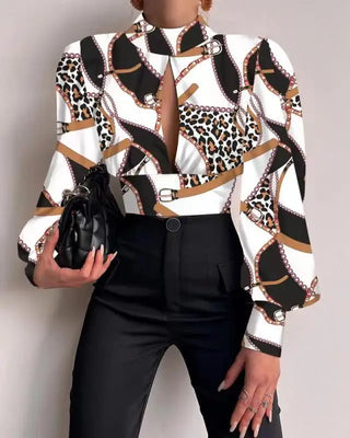 New In Standing Collar Long Sleeve Lantern Tops Sleeve Backless Hollow Blouse Women Female Clothing Elegant Shirts and Blouses