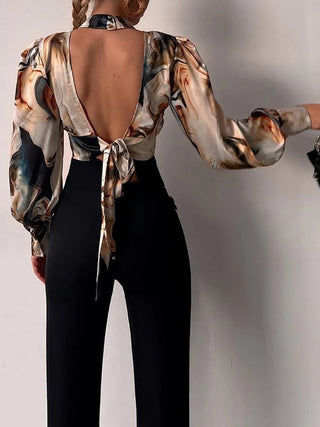New In Standing Collar Long Sleeve Lantern Tops Sleeve Backless Hollow Blouse Women Female Clothing Elegant Shirts and Blouses