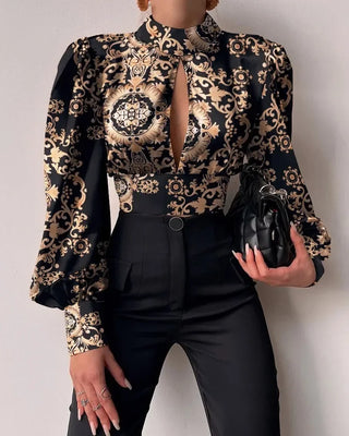 New In Standing Collar Long Sleeve Lantern Tops Sleeve Backless Hollow Blouse Women Female Clothing Elegant Shirts and Blouses