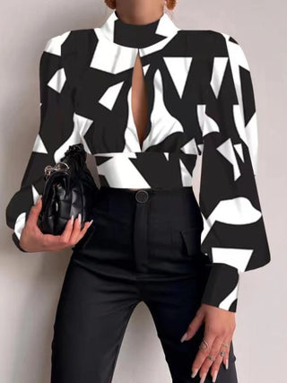 New In Standing Collar Long Sleeve Lantern Tops Sleeve Backless Hollow Blouse Women Female Clothing Elegant Shirts and Blouses