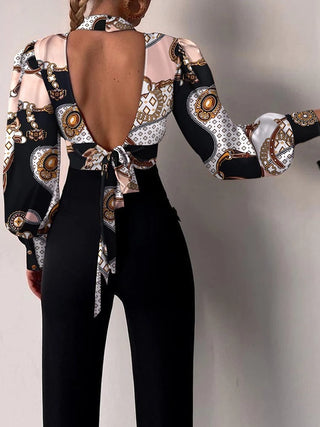 New In Standing Collar Long Sleeve Lantern Tops Sleeve Backless Hollow Blouse Women Female Clothing Elegant Shirts and Blouses