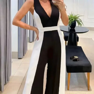 Fashionable Color Block Slim Fit Jumpsuit Long Pants without Belt Elegant Style Polyester Fabric No Sleeve