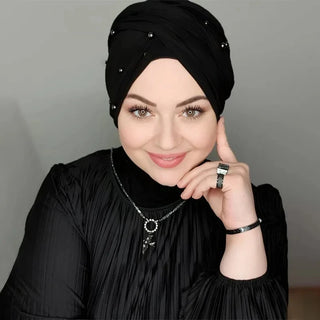 Plain Instant Turban Hat Solid Inner Hijabs Caps Women Pearl Decoration Head Wrap Headband
