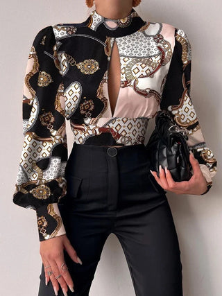 New In Standing Collar Long Sleeve Lantern Tops Sleeve Backless Hollow Blouse Women Female Clothing Elegant Shirts and Blouses