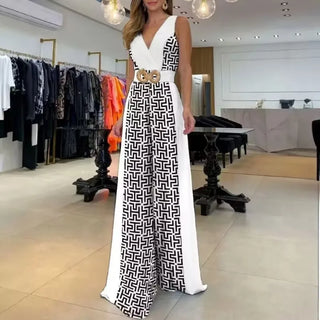 Fashionable Color Block Slim Fit Jumpsuit Long Pants without Belt Elegant Style Polyester Fabric No Sleeve