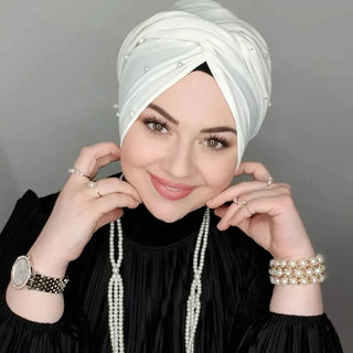 Plain Instant Turban Hat Solid Inner Hijabs Caps Women Pearl Decoration Head Wrap Headband
