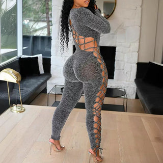 Sexy Jumpsuit Woman Allover Print Lace-up Side Plaid Print Lace-up Long Sleeve Conjoined Body Pants for Female Autumn  New