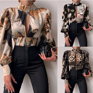 New In Standing Collar Long Sleeve Lantern Tops Sleeve Backless Hollow Blouse Women Female Clothing Elegant Shirts and Blouses