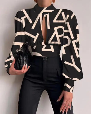 New In Standing Collar Long Sleeve Lantern Tops Sleeve Backless Hollow Blouse Women Female Clothing Elegant Shirts and Blouses