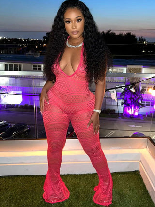 See Through Halter Backless Flared Jumpsuits - Thomas Family Essentials LLC