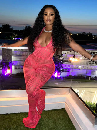 See Through Halter Backless Flared Jumpsuits - Thomas Family Essentials LLC
