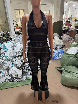 See Through Halter Backless Flared Jumpsuits - Thomas Family Essentials LLC