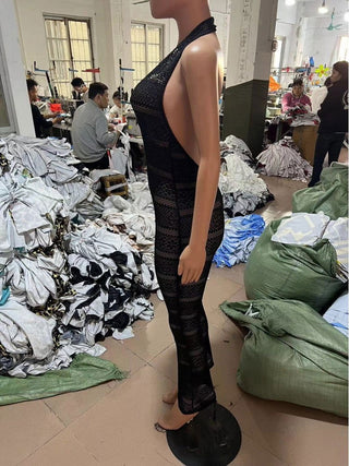 See Through Halter Backless Flared Jumpsuits - Thomas Family Essentials LLC