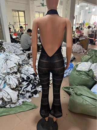 See Through Halter Backless Flared Jumpsuits - Thomas Family Essentials LLC