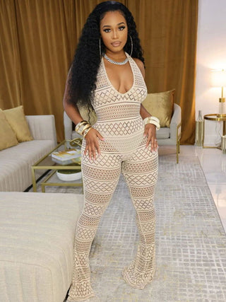 See Through Halter Backless Flared Jumpsuits - Thomas Family Essentials LLC