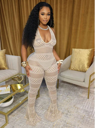 See Through Halter Backless Flared Jumpsuits - Thomas Family Essentials LLC