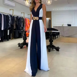 Fashionable Color Block Slim Fit Jumpsuit Long Pants without Belt Elegant Style Polyester Fabric No Sleeve
