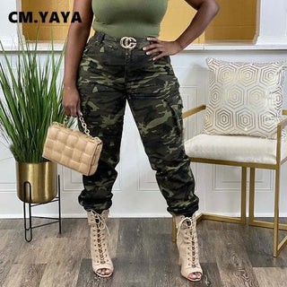 CM.YAYA Women’s Camouflage Printed Slim Cargo Pants Spring/Summer Pocket Jogger Street Fashion Safari Trousers - Thomas Family Essentials LLC
