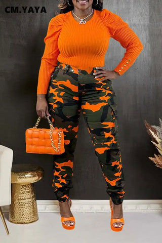 CM.YAYA Women’s Camouflage Printed Slim Cargo Pants Spring/Summer Pocket Jogger Street Fashion Safari Trousers - Thomas Family Essentials LLC