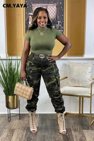 CM.YAYA Women’s Camouflage Printed Slim Cargo Pants Spring/Summer Pocket Jogger Street Fashion Safari Trousers - Thomas Family Essentials LLC