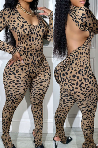 Dark Brown Sexy Leopard Bandage Patchwork Backless U Neck Skinny Jumpsuits