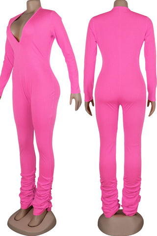 Sexy Solid Patchwork V Neck Skinny Jumpsuits