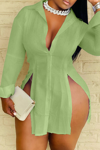 White Casual Solid Slit Shirt Collar Long Sleeve Dresses