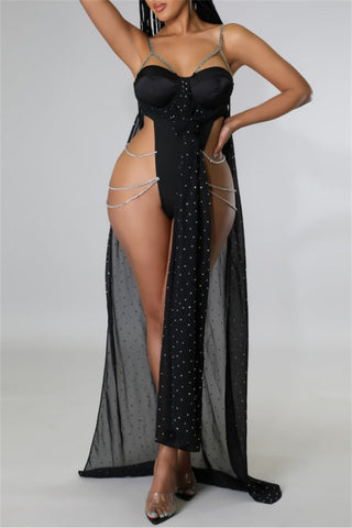 Black Sexy Patchwork Slit Spaghetti Strap Bodycon Bodysuits
