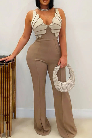 Red Casual Patchwork Backless Zipper Contrast Asymmetrical Collar Regular Jumpsuits
